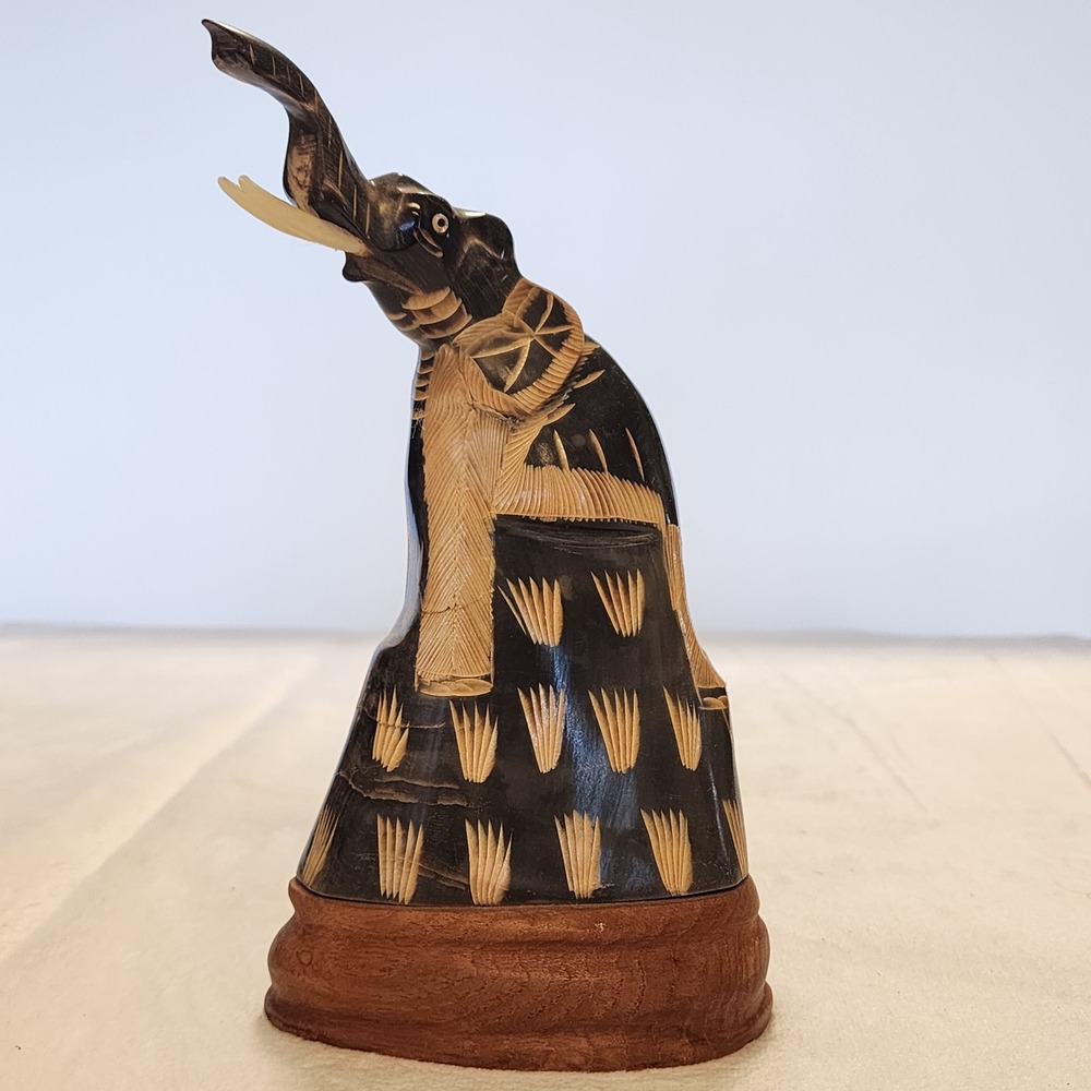 Hand Carved Horn Elephant Figurine‎ Sculpture with Tusk Base Animal Decor